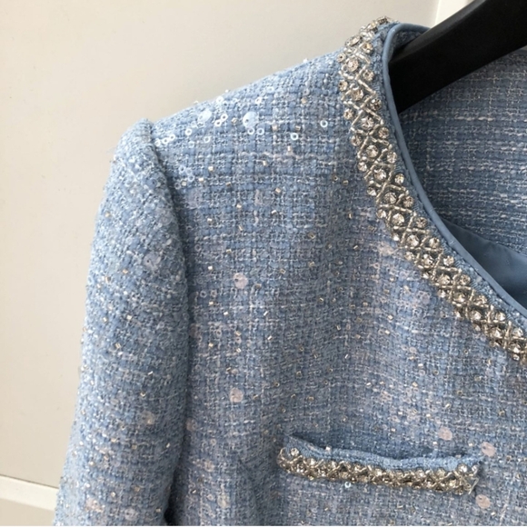 Self-Portrait BLUE SEQUIN BOUCLE CROPPED JACKET - Picture 4 of 8